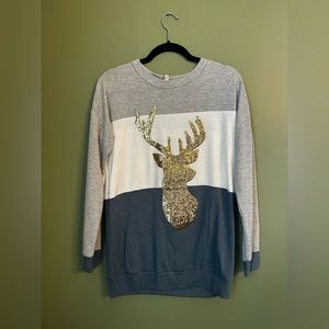 Blue White and Gray Sweater With Sequined Deer.